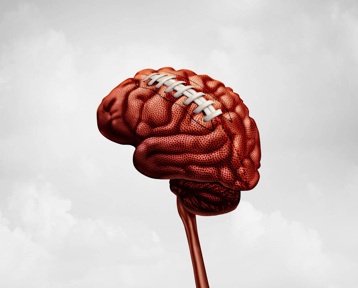 A 3D animated illustration of a stitched brain to depict traumatic brain injury (TBI).
